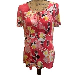 Alfani Floral Red Pink Keyhole Tie Short Ruffle Sleeve Stretchy Top Size XL